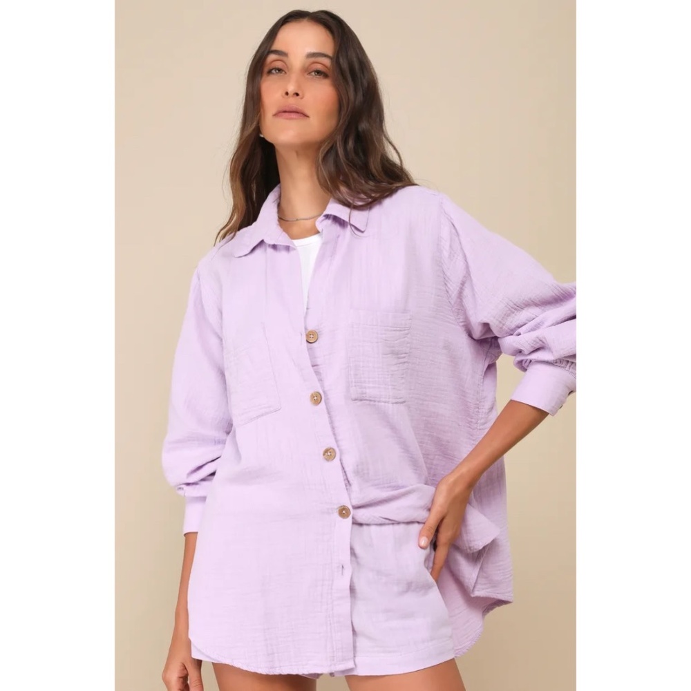 Lulu's Swell Lilac Cotton Long Sleeve Collared Button-Up Top, Size S